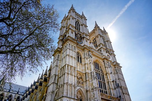 A view of Westminster Abbey on a sunny day in London, UK.