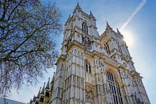 A view of Westminster Abbey on a sunny day in London, UK.