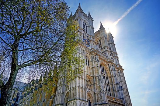 A view of Westminster Abbey on a sunny day in London, UK.