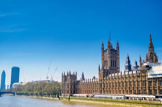 British Parliament along the River Thames in London, UK.