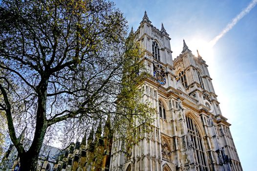 A view of Westminster Abbey on a sunny day in London, UK.