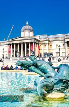 London, United Kingdom - June 17, 2019 : The Trafalgar Square and National Gallery Museum on a sunny day in London, England.