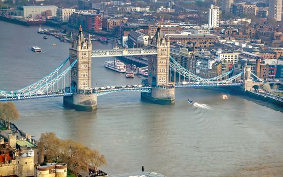 A view of Tower Bridge and the River Thames in London, UK.