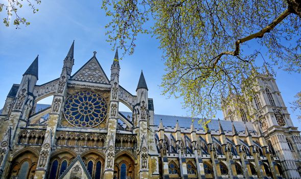 A view of Westminster Abbey on a sunny day in London, UK.