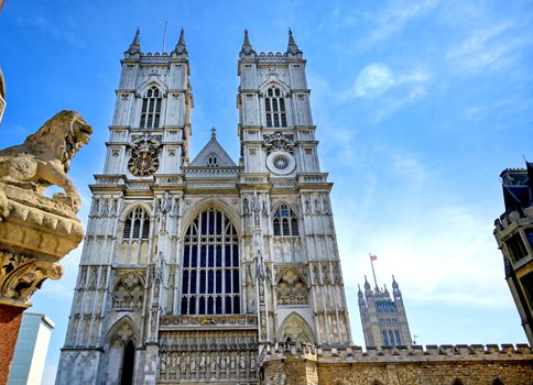 A view of Westminster Abbey on a sunny day in London, UK.