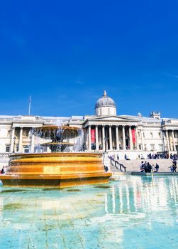 London, United Kingdom - June 17, 2019 : The Trafalgar Square and National Gallery Museum on a sunny day in London, England.