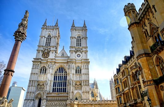 A view of Westminster Abbey on a sunny day in London, UK.