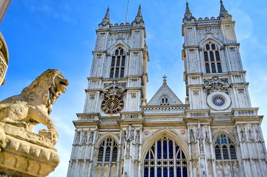 A view of Westminster Abbey on a sunny day in London, UK.