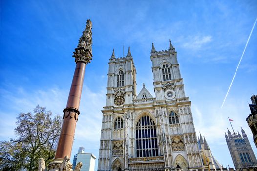 A view of Westminster Abbey on a sunny day in London, UK.