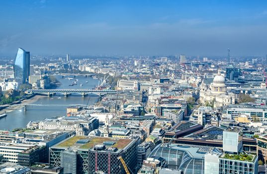 An aerial view of London, United Kingdom on a sunny day.