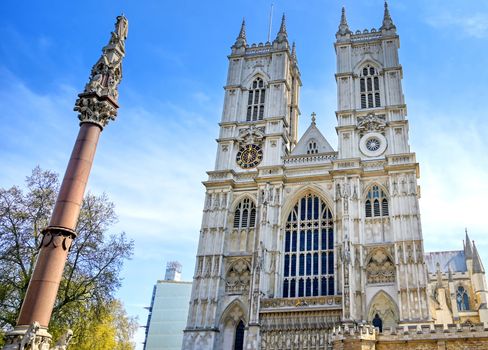 A view of Westminster Abbey on a sunny day in London, UK.