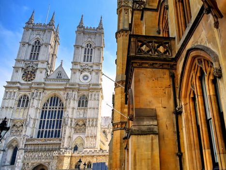 A view of Westminster Abbey on a sunny day in London, UK.