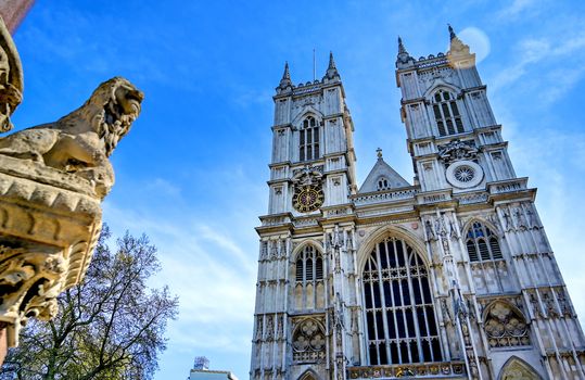 A view of Westminster Abbey on a sunny day in London, UK.