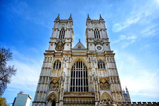 A view of Westminster Abbey on a sunny day in London, UK.