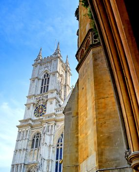 A view of Westminster Abbey on a sunny day in London, UK.