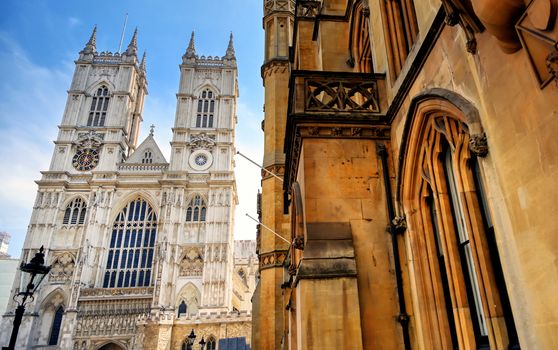 A view of Westminster Abbey on a sunny day in London, UK.