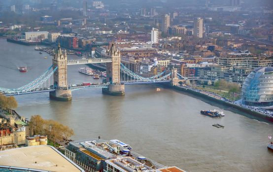 A view of Tower Bridge and the River Thames in London, UK.
