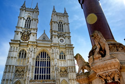 A view of Westminster Abbey on a sunny day in London, UK.