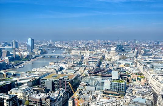 An aerial view of London, United Kingdom on a sunny day.