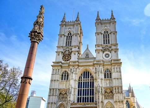 A view of Westminster Abbey on a sunny day in London, UK.