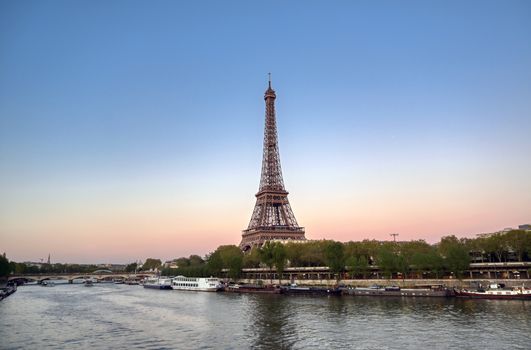 The Eiffel Tower across the River Seine in Paris, France.