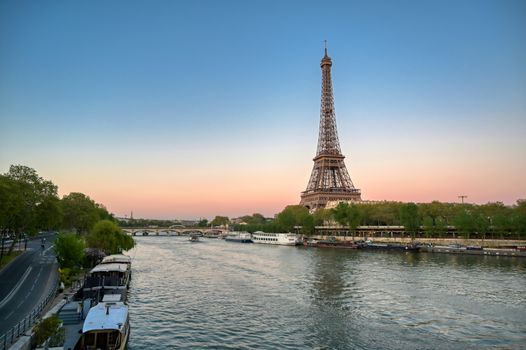 The Eiffel Tower across the River Seine in Paris, France.