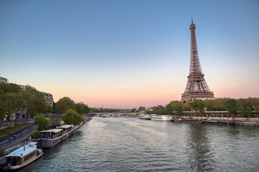 The Eiffel Tower across the River Seine in Paris, France.