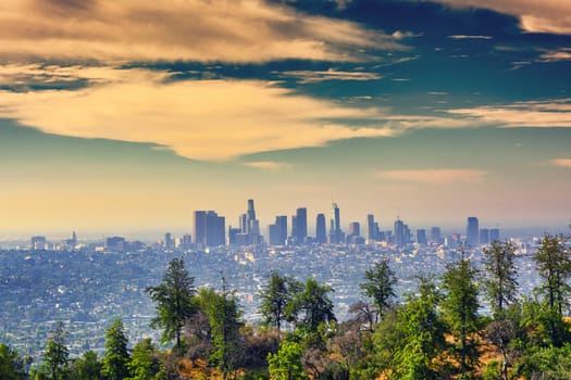 Los Angeles downtown skyline at sunrise.