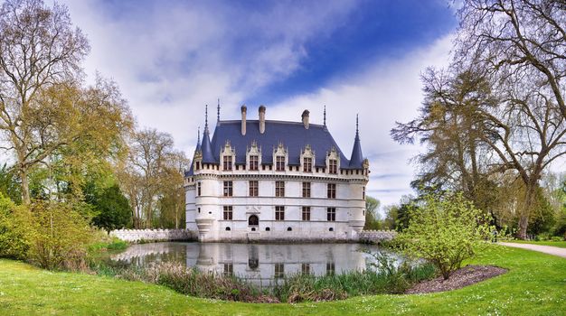 Azay le Rideau, France - April 17,2019: Chateau d'Azay-le-Rideau in Loire Valley, France. Castle of Azay-le-Rideau is one of the travel destinations in Europe. Scenic view of the French castle in spring.