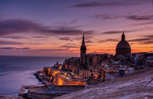 Dawn view of the Carmelite church Our Lady of Mount Carmel in Valletta, Malta.