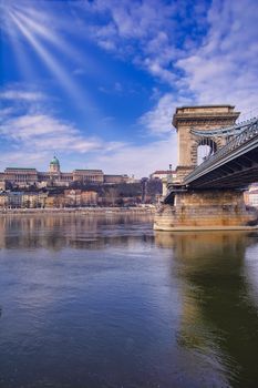 View Chain bridge over Danube river, Budapest city, Hungary.