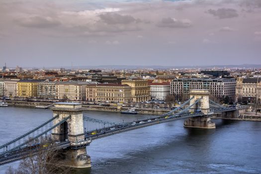 View Chain bridge over Danube river, Budapest city, Hungary.