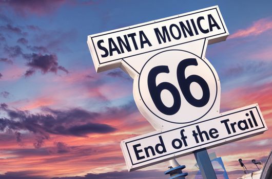 Route 66 highway sign at the end of Route 66 in Santa Monica, California