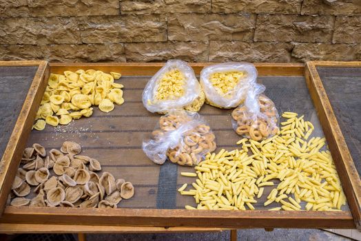 Traditional homemade pasta on the streets of the old town of Bari, Apulia, Italy