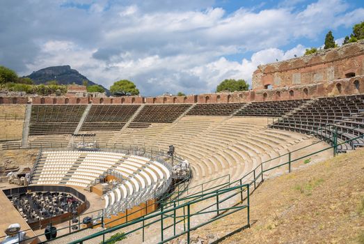 Ruins of the ancient Greek theater in Taormina, Sicily, Italy