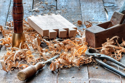 Carpenter tools on a work bench carpentry.