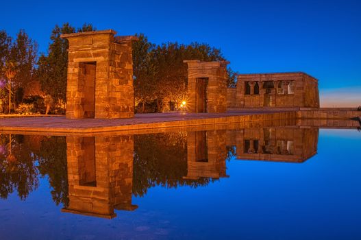 Temple of Debod at night, Madrid, Spain. Donated by Egypt to Spain.