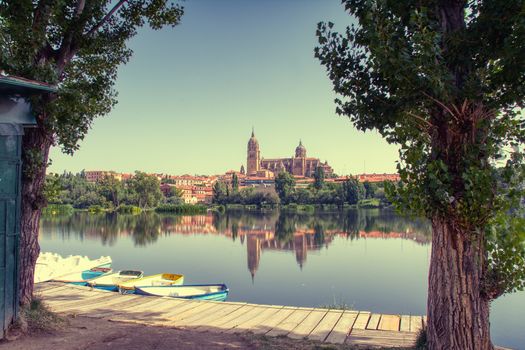 Salamanca Cathedral at morning view from the Tormes River, Salamanca City, Spain, Europe.