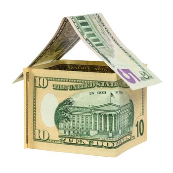 Model house made from dollar banknotes isolated on white background with clipping path
