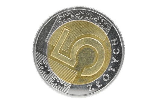 Closeup of 5 polish zloty coin isolated on white background with clipping path