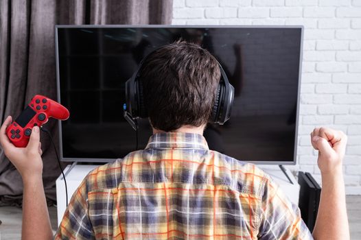 Stay home. Rear view of a young man playing video games at home