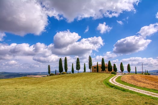 Tuscany, Italy - July 6, 2018: Cypress trees and meadow with typical tuscan house, Val d'Orcia, Italy - Tuscany