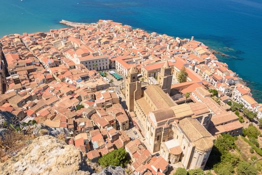 Aerial view of the Cefalu old town, Sicily, Italy