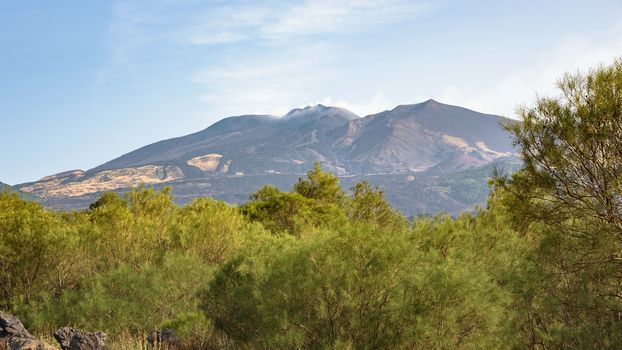 Panoramic view of Mount Etna on the east coast of Sicily, Italy