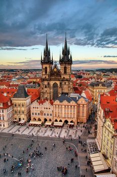 Prague, Czech Republic - September 24, 2018: Old town square and church of Mother of God before Tyn in Prague, Czech Republic. Architecture and landmark of Prague.