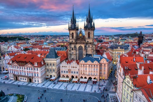 Prague, Czech Republic - September 24, 2018: Old town square and church of Mother of God before Tyn in Prague, Czech Republic. Architecture and landmark of Prague.