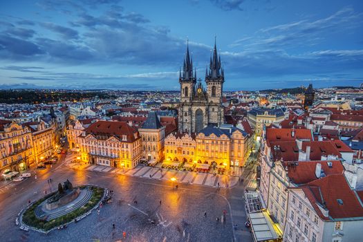 Prague, Czech Republic - September 24, 2018: Old town square and church of Mother of God before Tyn in Prague, Czech Republic. Architecture and landmark of Prague.