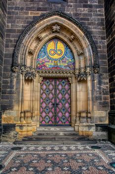 Prague,Czech Republic - September 25, 2018: Side entrance door of St. Peter and Paul church in Vysehrad, Prague, Czech Republic