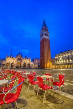 Saint Mark's square with campanile and basilica in Venice, Italy.