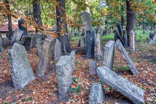 Prague, Czech Republic - September 26, 2018: Tombstones on Old Jewish Cemetery in the Jewish Quarter in Prague.There are about 12000 tombstones presently visible. One of the most important Jewish monument.